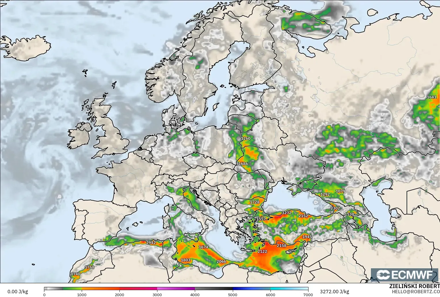 ECMWF IFS 0.25° modelo - Europa, CAPE