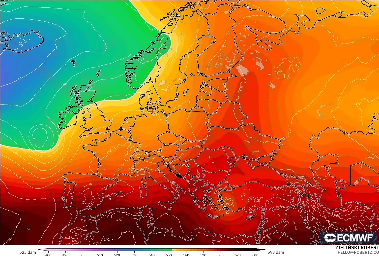 ECMWF IFS 0.25° modelo - Europa, Altura geopotencial a 500 hPa