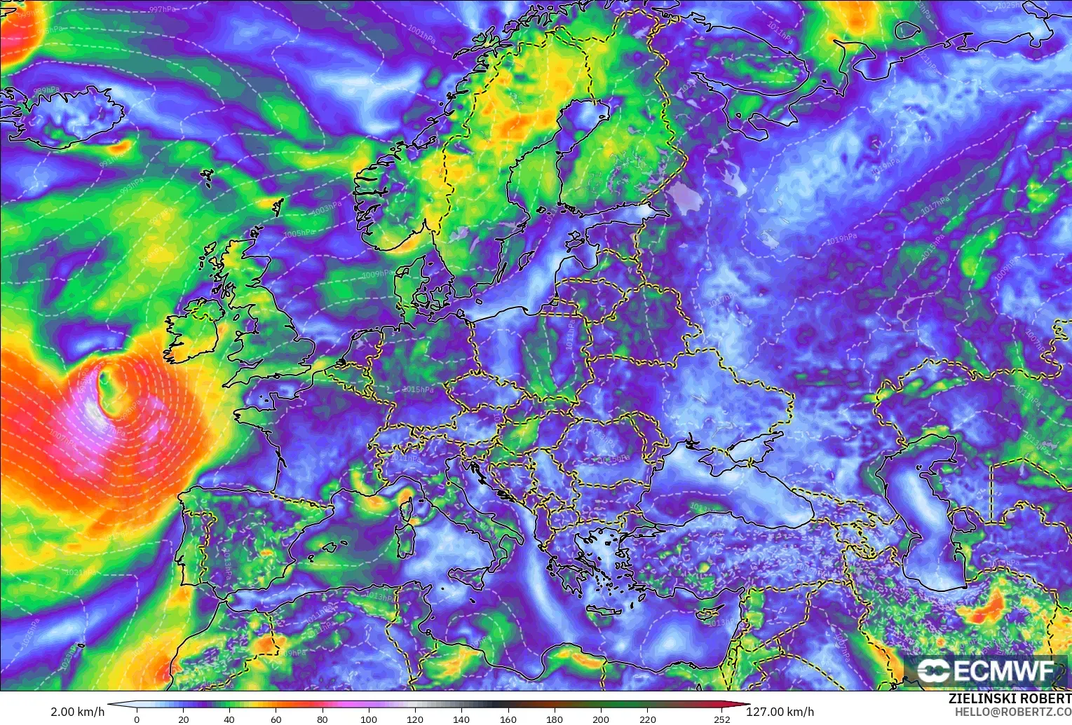 ECMWF IFS 0.25° modelo - Europa, Ráfagas de Viento Máximas