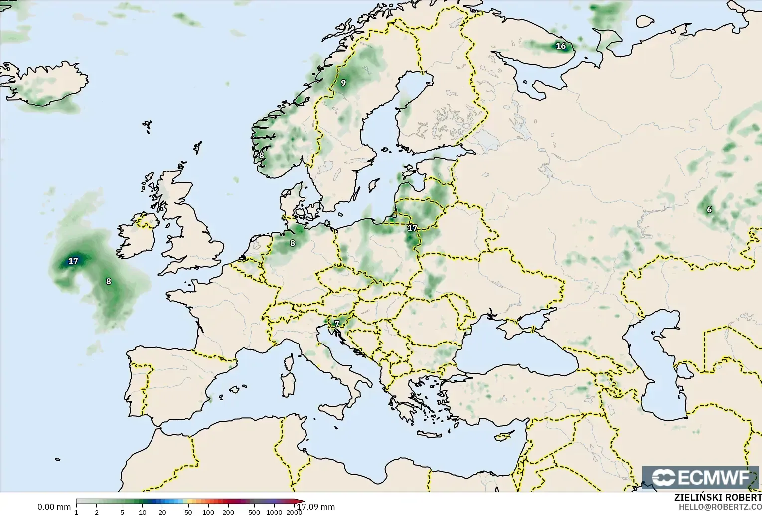 ECMWF IFS 0.25° modelo - Europa, Acumulación de precipitación