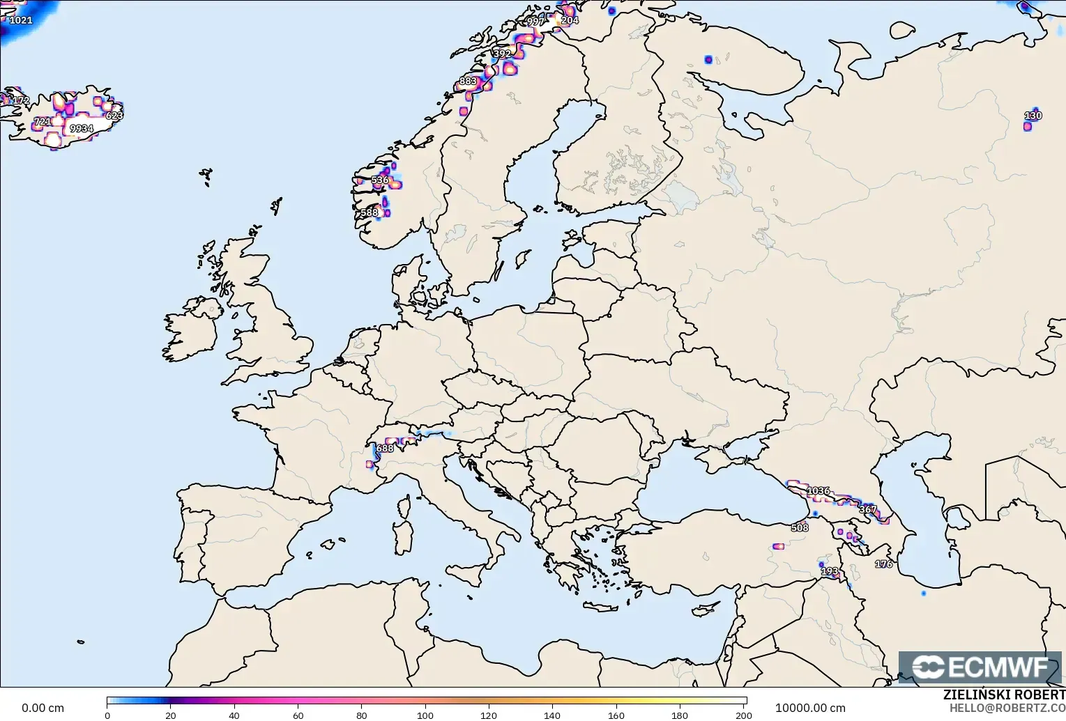 ECMWF IFS 0.25° modelo - Europa, Profundidad de nieve