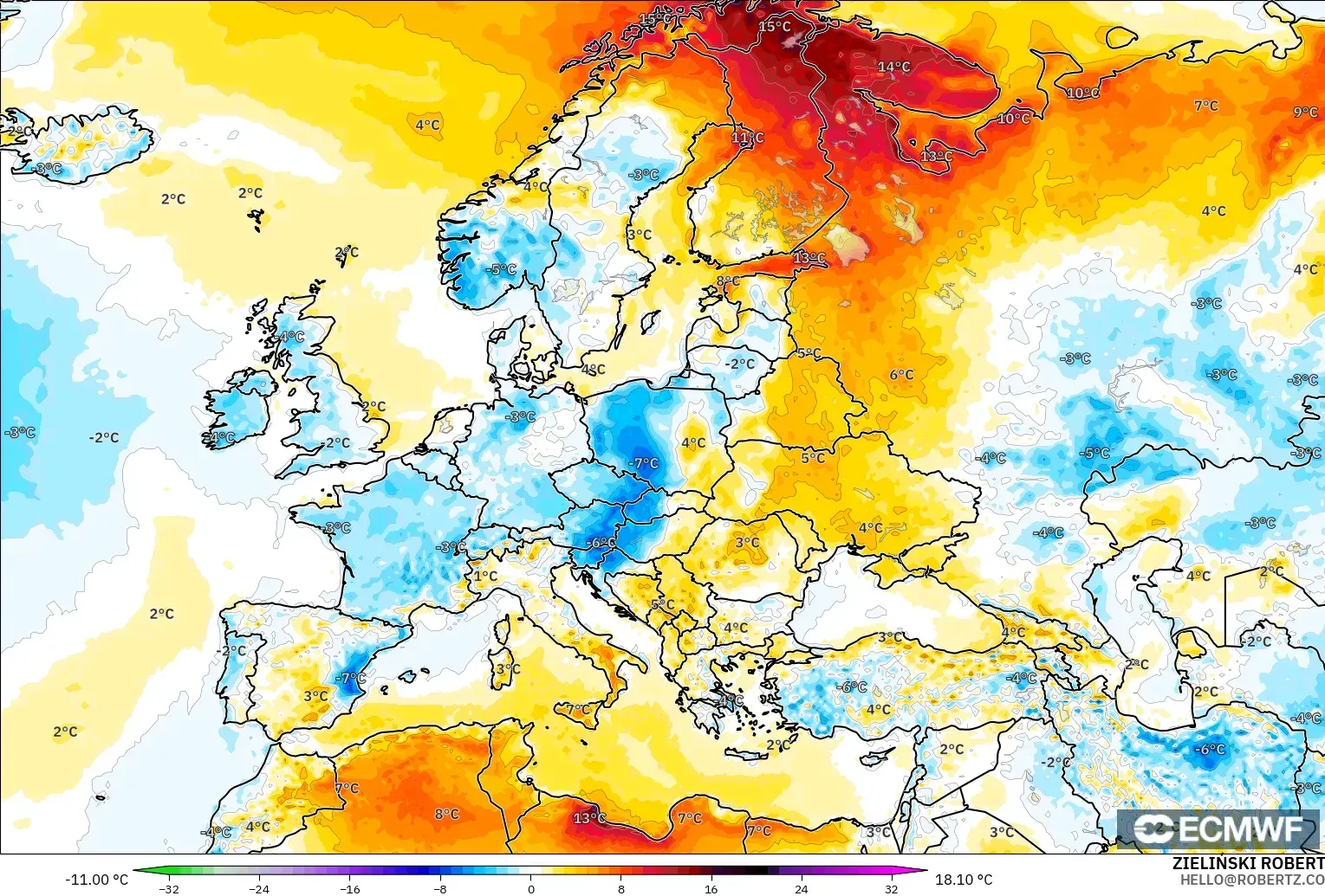 ECMWF IFS 0.25° modelo - Europa, Anomalía de temperatura a 2 m