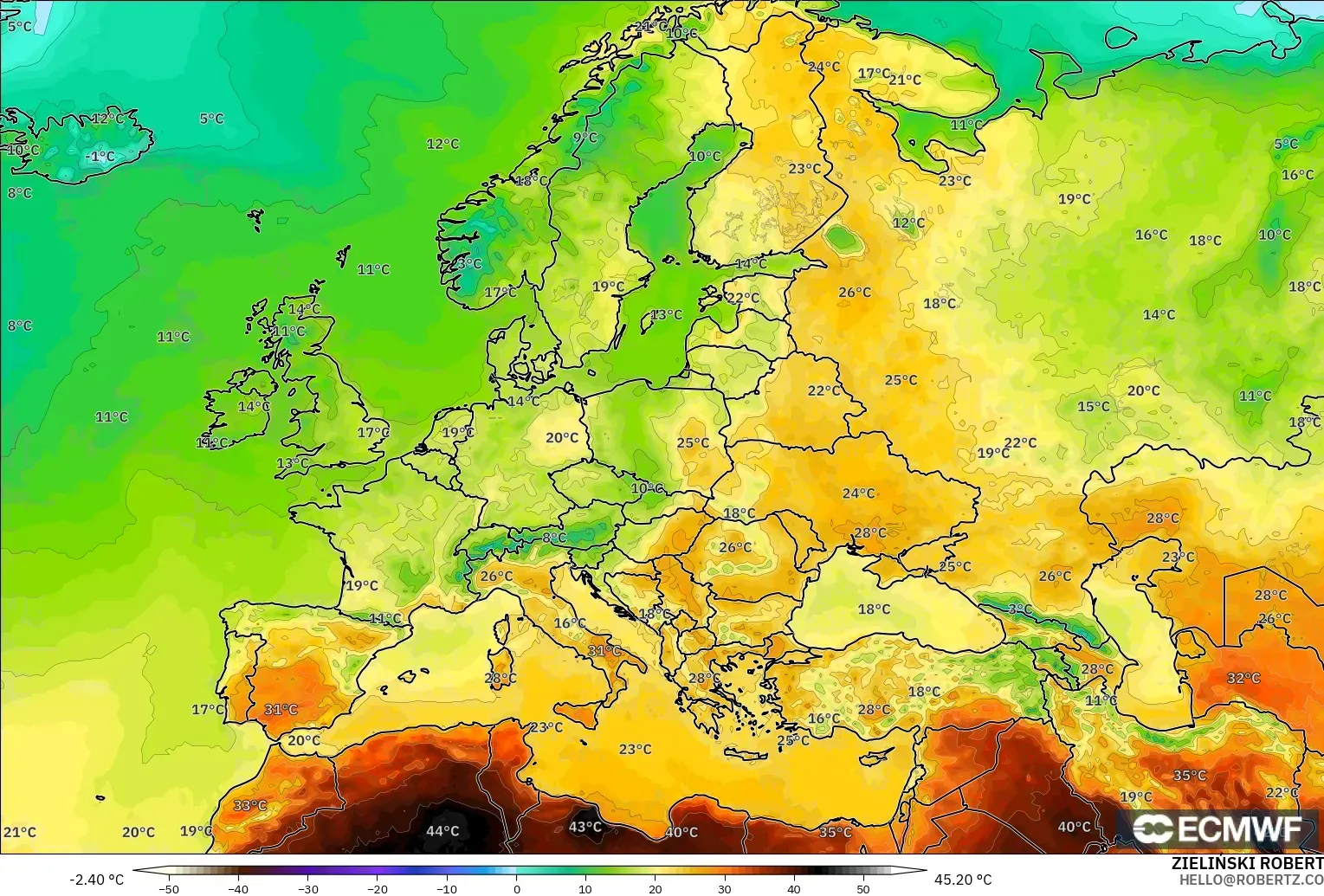ECMWF IFS 0.25° modelo - Europa, Temperatura a 2 m