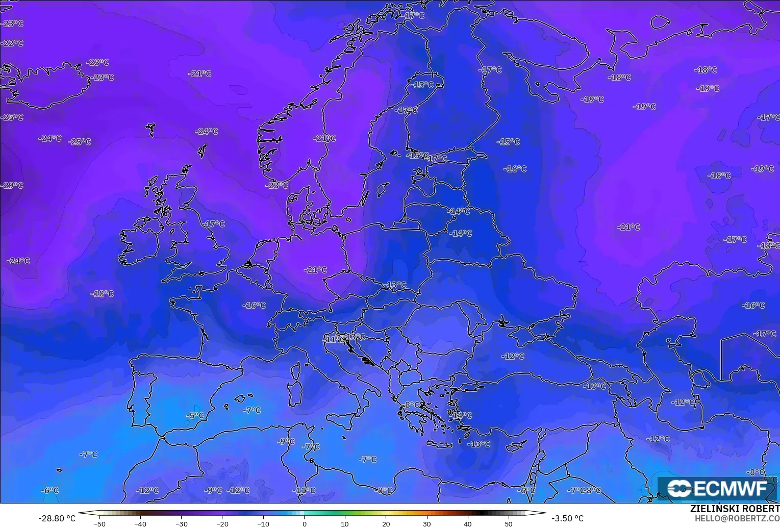 ECMWF IFS 0.25° modelo - Europa, Temperatura a 500 hPa