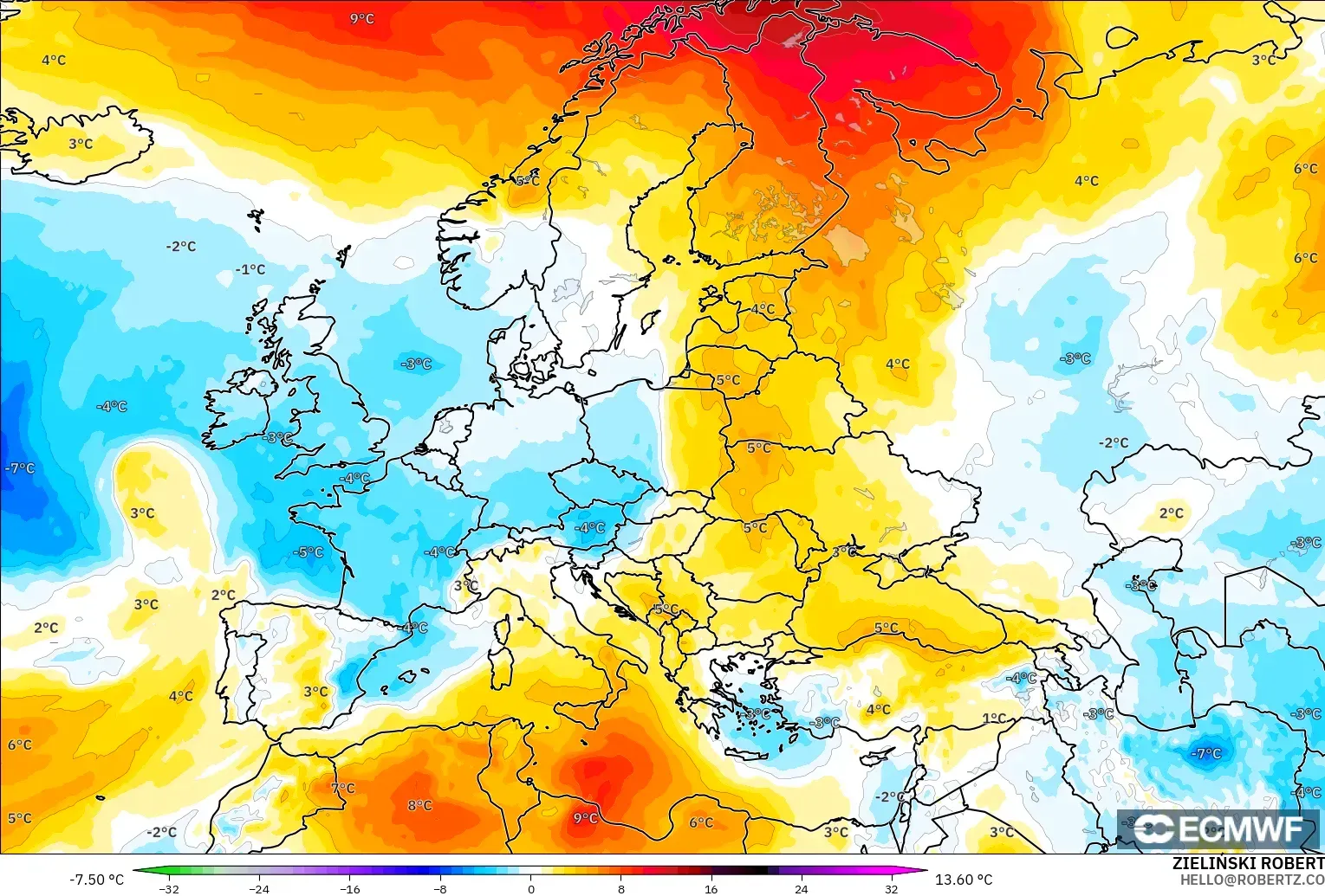 ECMWF IFS 0.25° modelo - Europa, Anomalía de temperatura a 850 hPa