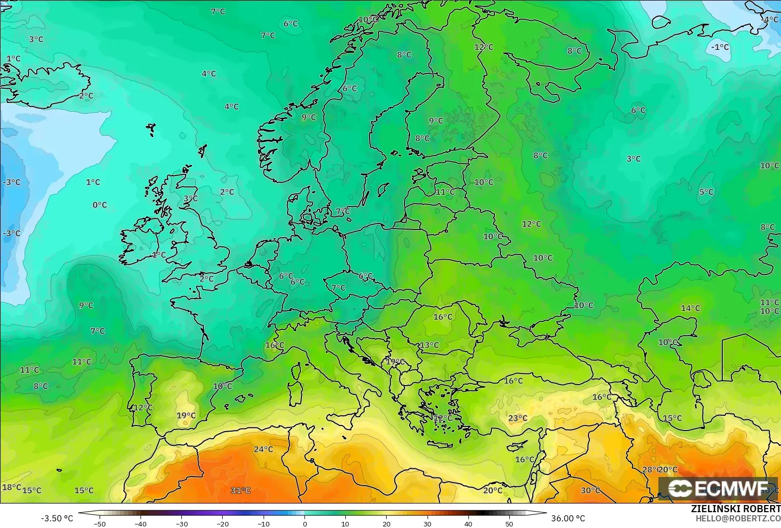 ECMWF IFS 0.25° modelo - Europa, Temperatura a 850 hPa