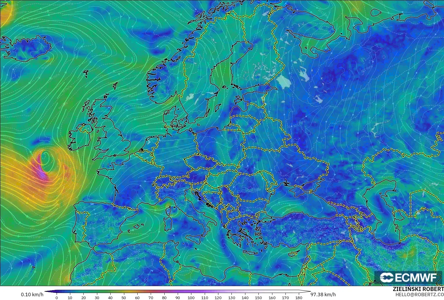 ECMWF IFS 0.25° modelo - Europa, Viento a 10 m