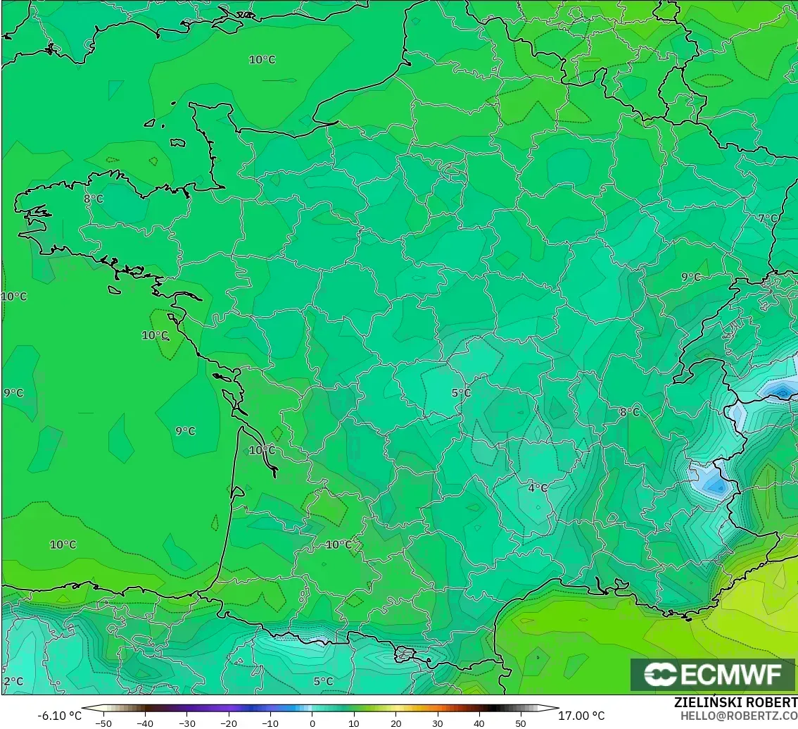ECMWF IFS 0.25° modelo - Francia, Punto de rocío a 2 m