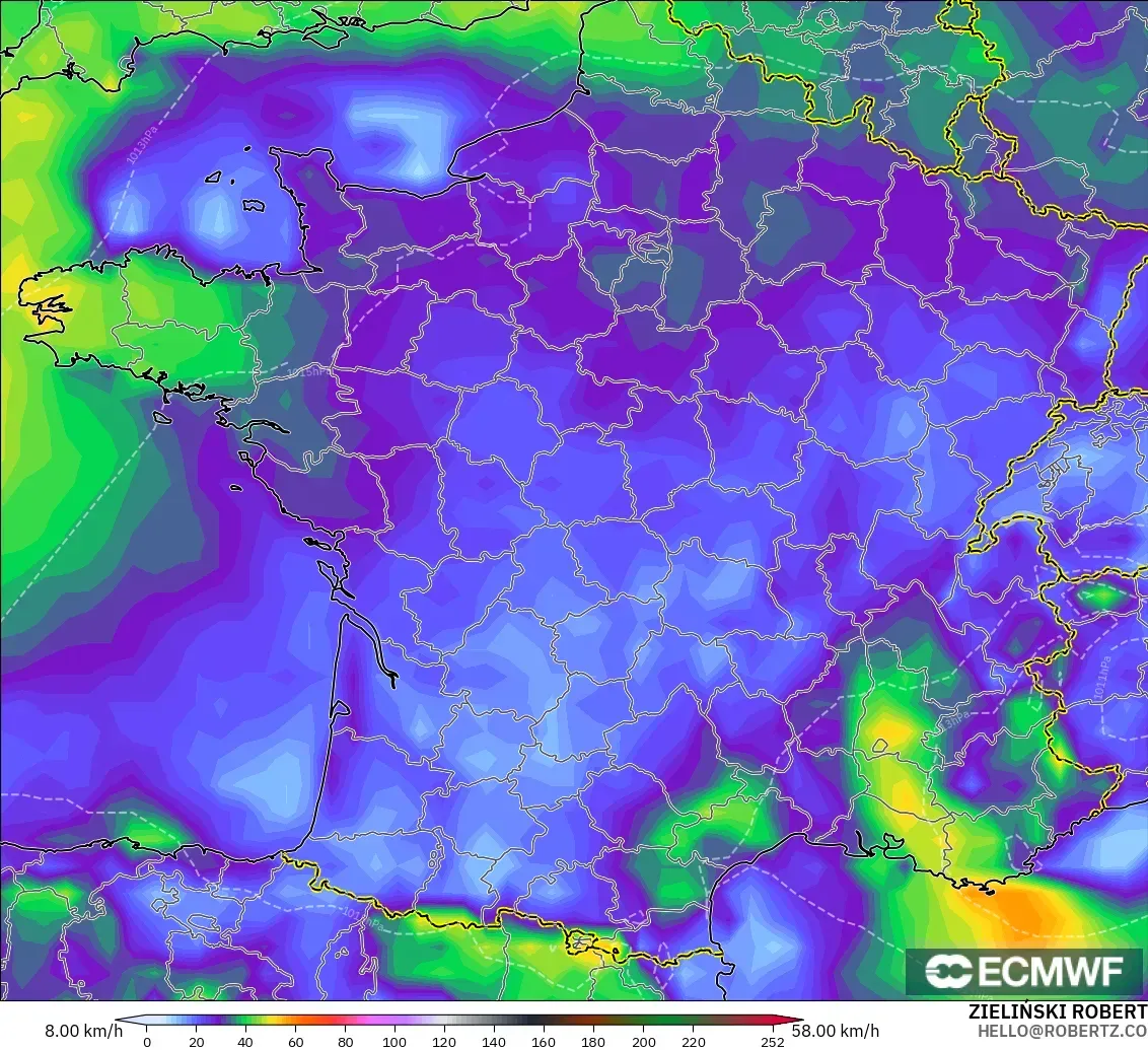 ECMWF IFS 0.25° modelo - Francia, Ráfagas de viento