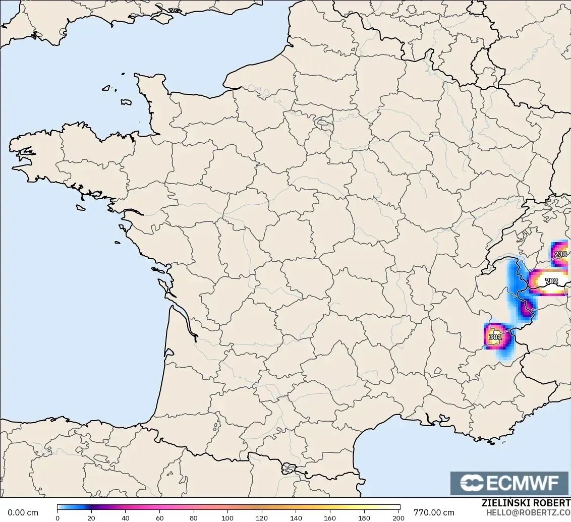 ECMWF IFS 0.25° modelo - Francia, Profundidad de nieve