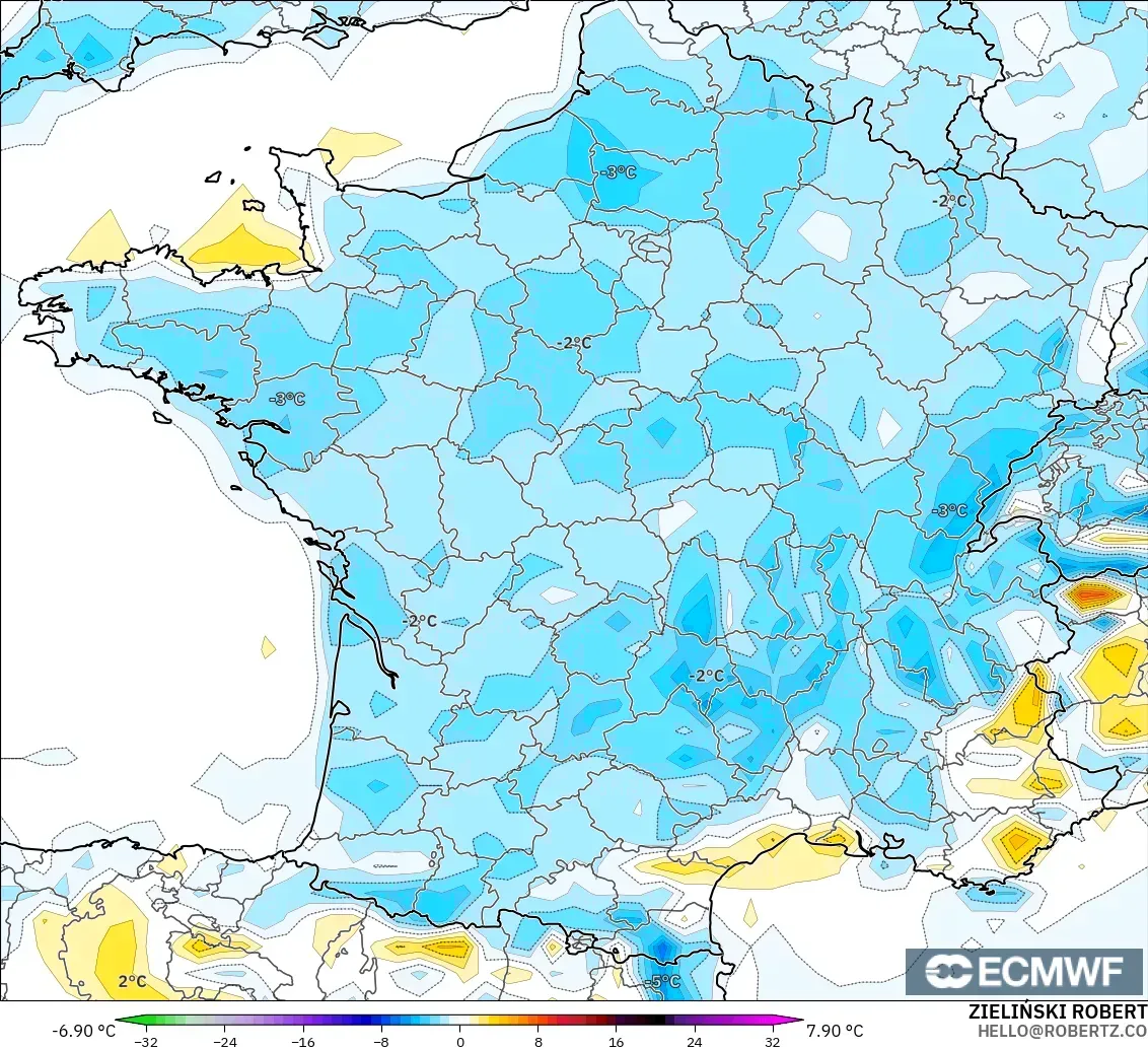 ECMWF IFS 0.25° modelo - Francia, Anomalía de temperatura a 2 m