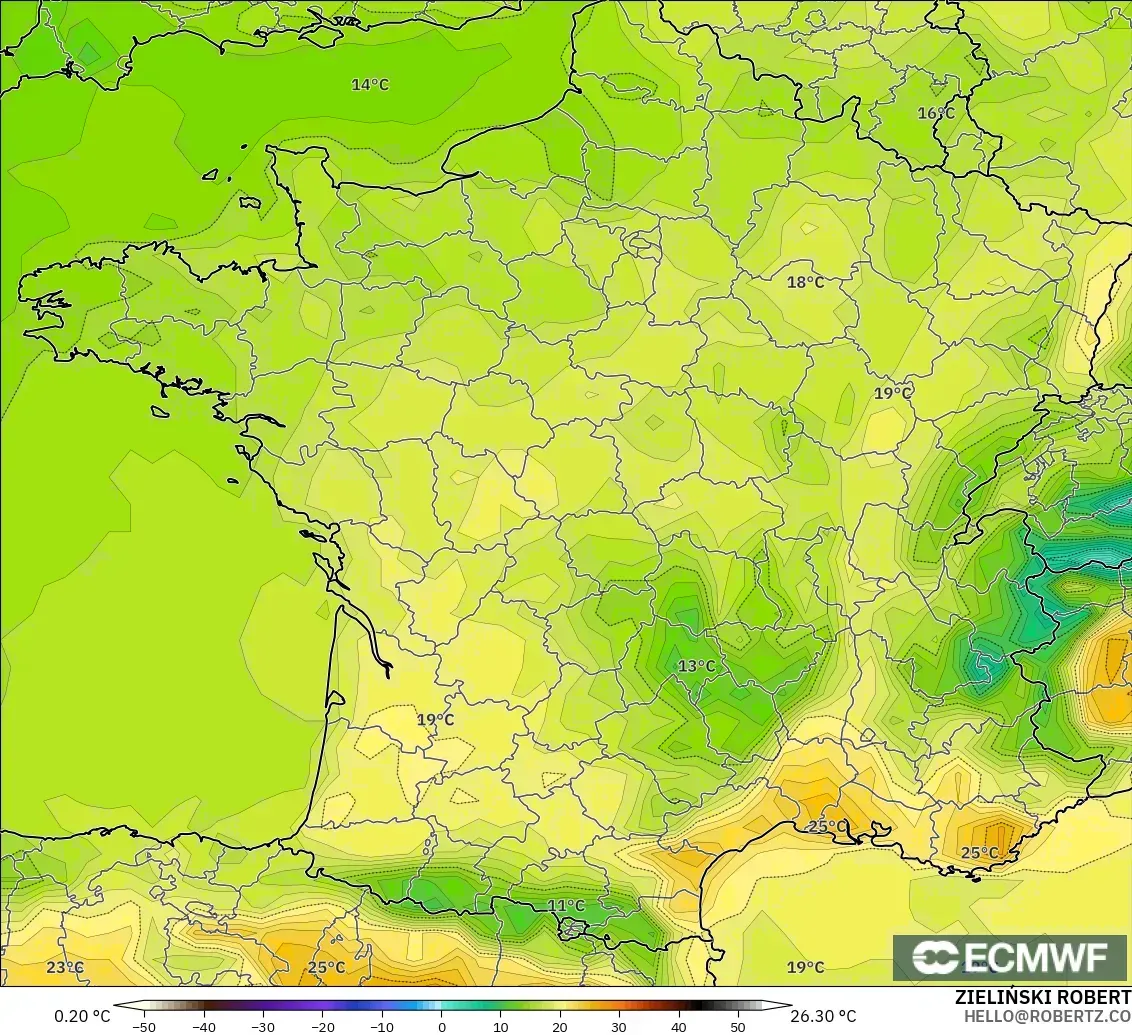 ECMWF IFS 0.25° modelo - Francia, Temperatura a 2 m