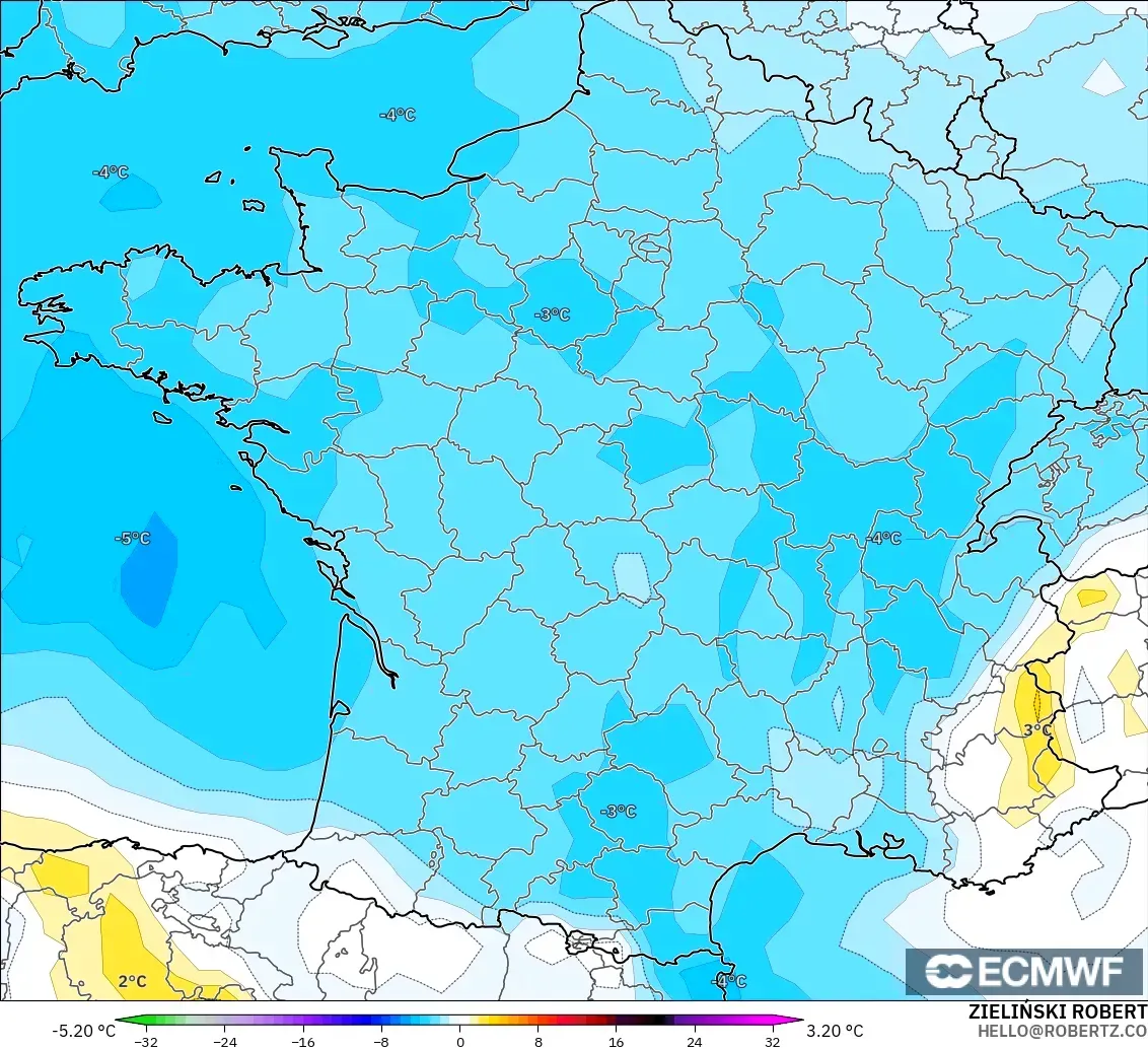 ECMWF IFS 0.25° modelo - Francia, Anomalía de temperatura a 850 hPa