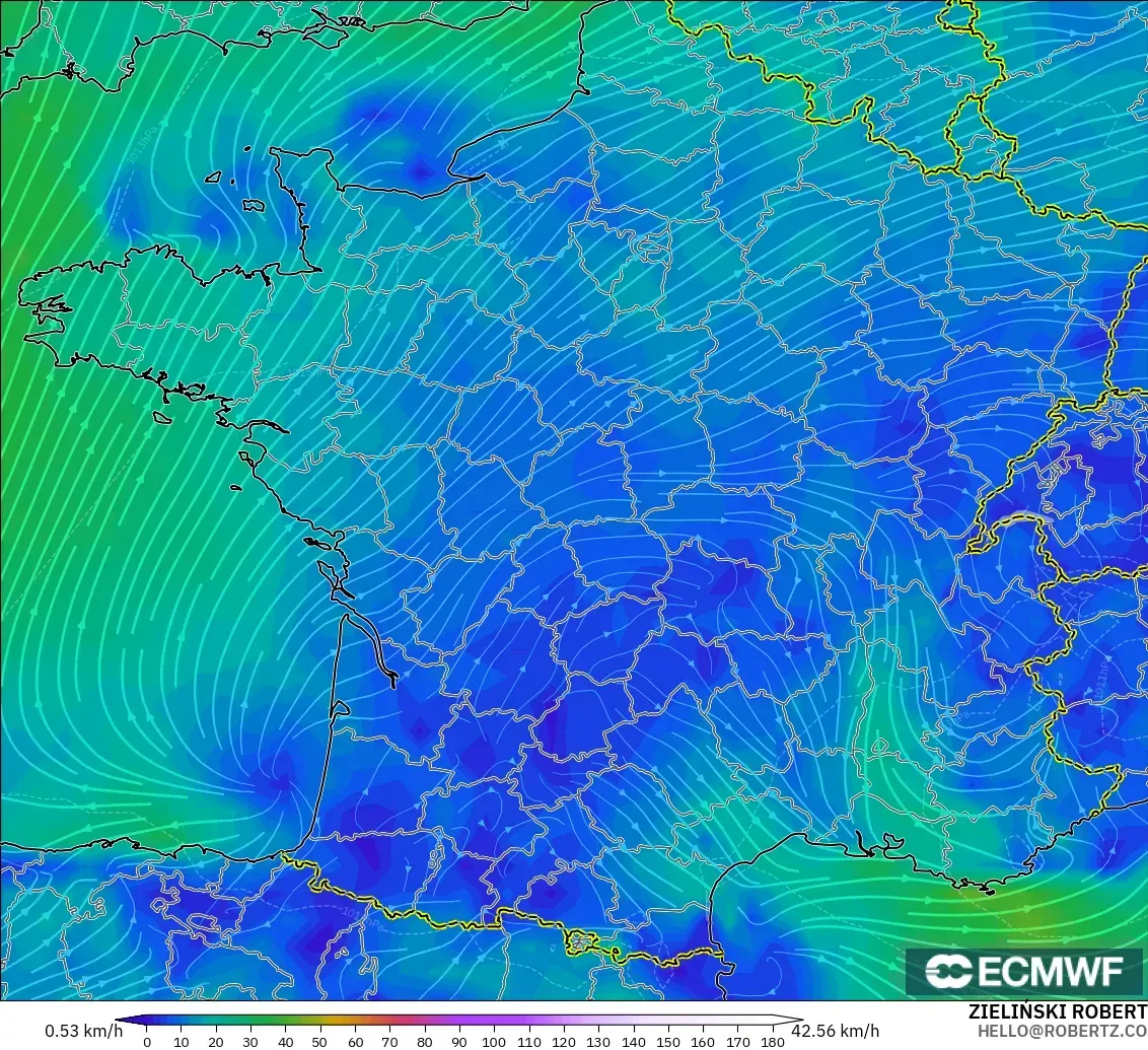 ECMWF IFS 0.25° modelo - Francia, Viento a 10 m