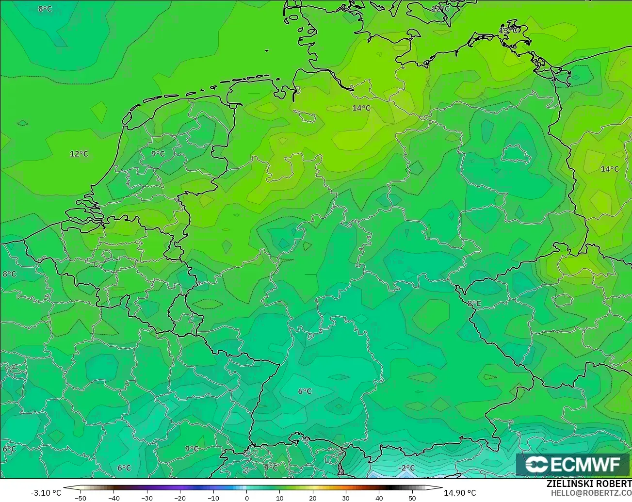 ECMWF IFS 0.25° modelo - Alemania, Punto de rocío a 2 m