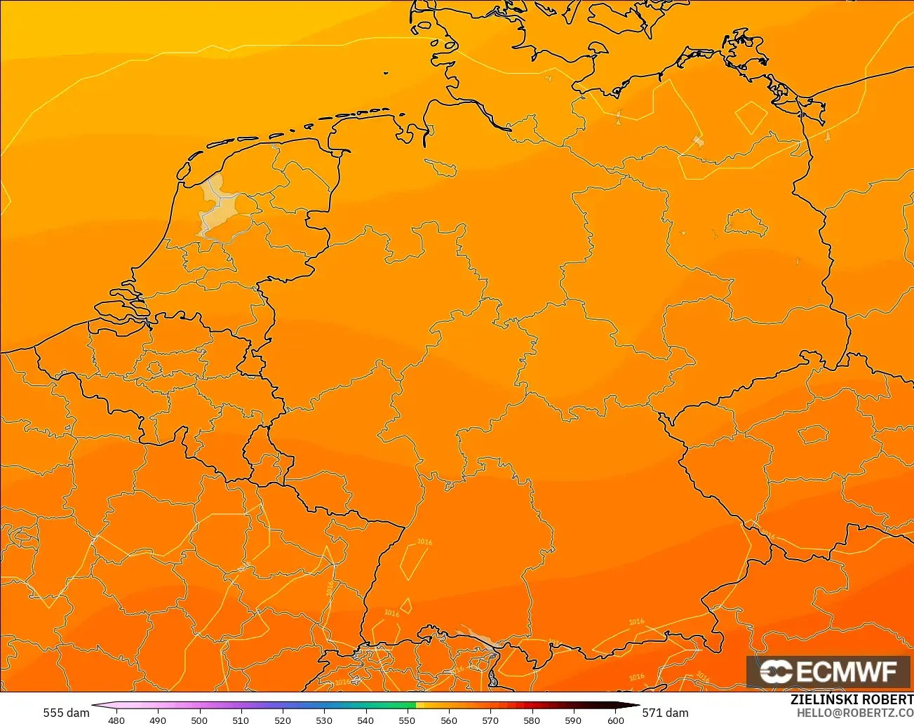 ECMWF IFS 0.25° modelo - Alemania, Altura geopotencial a 500 hPa