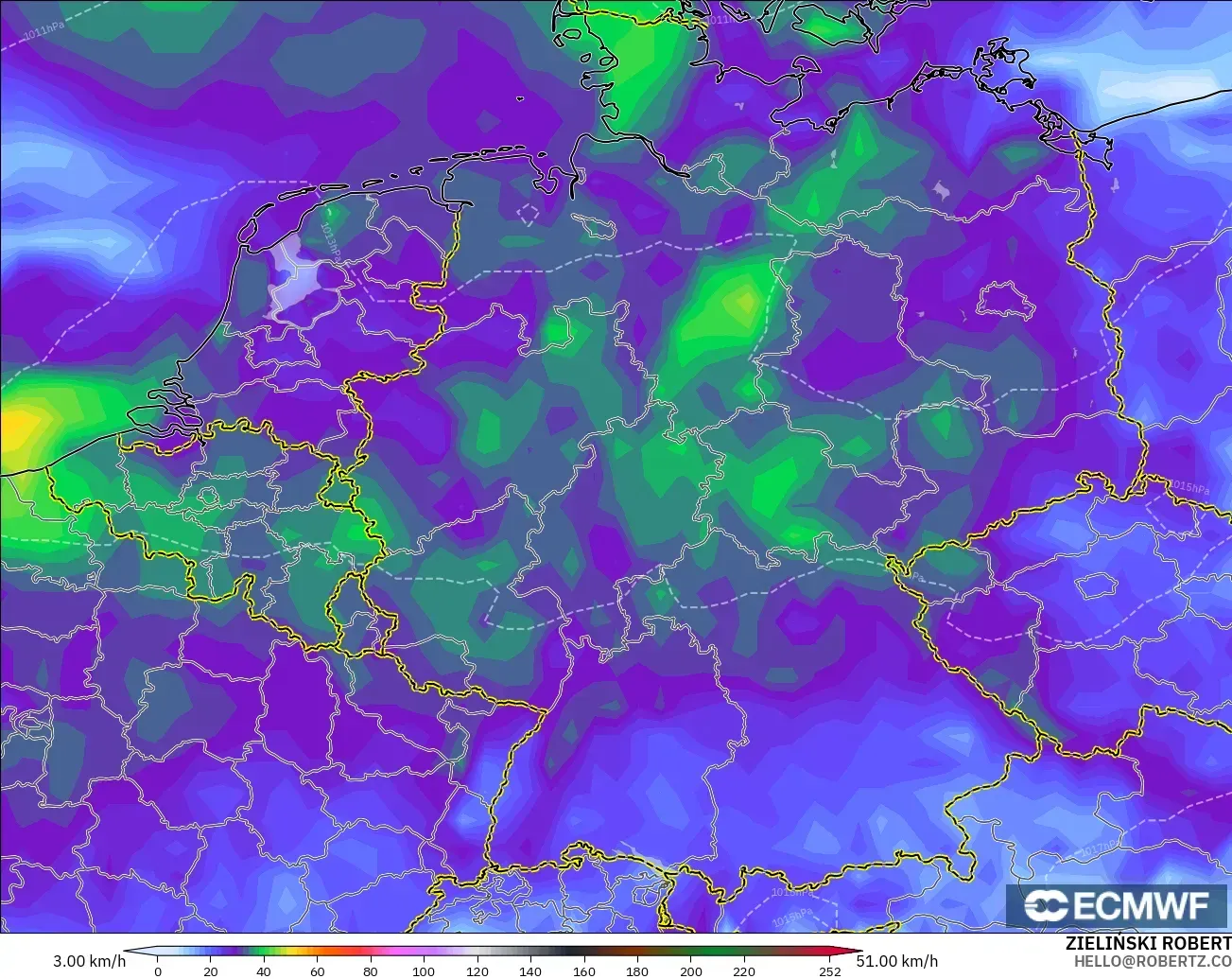 ECMWF IFS 0.25° modelo - Alemania, Ráfagas de Viento Máximas
