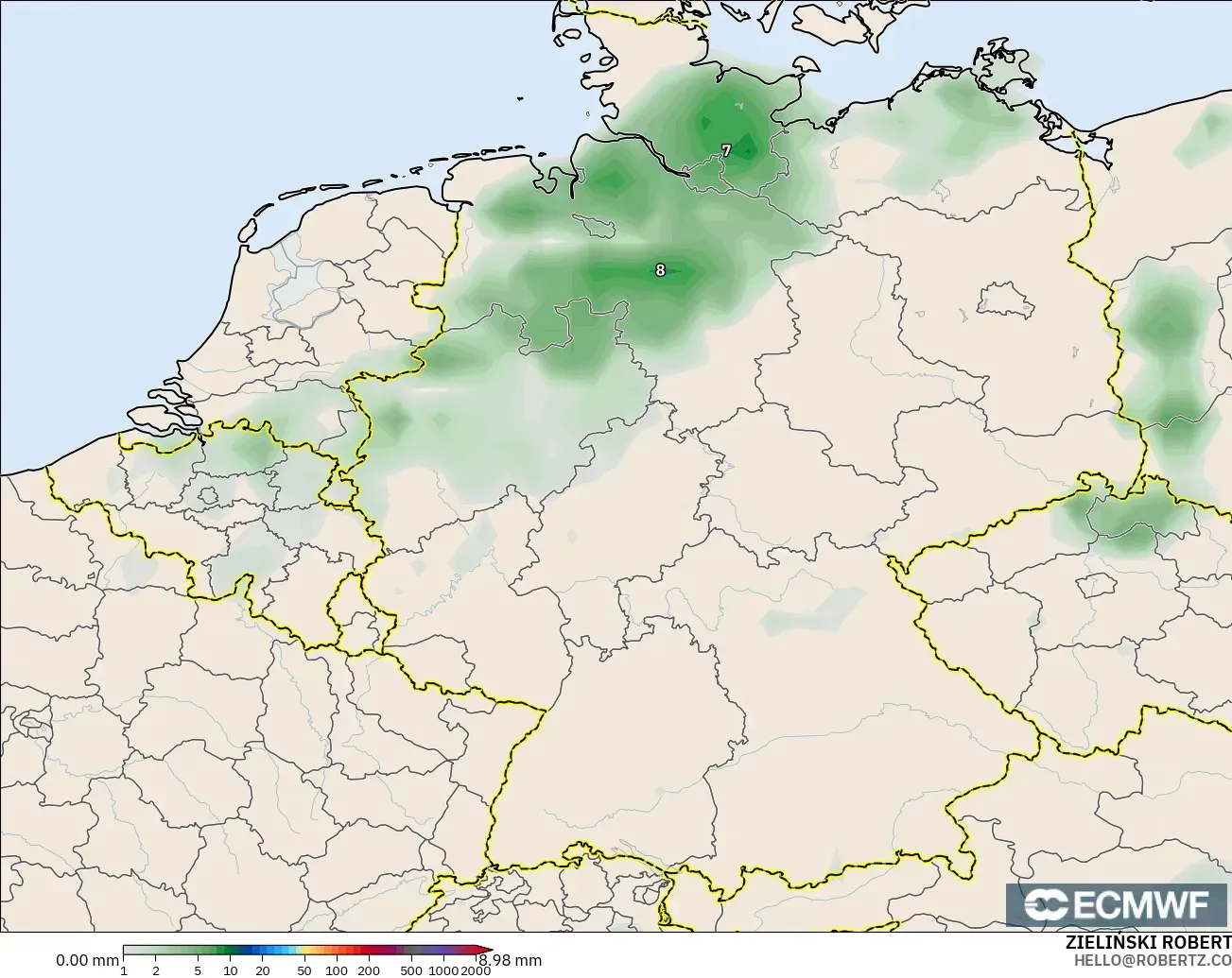 ECMWF IFS 0.25° modelo - Alemania, Acumulación de precipitación