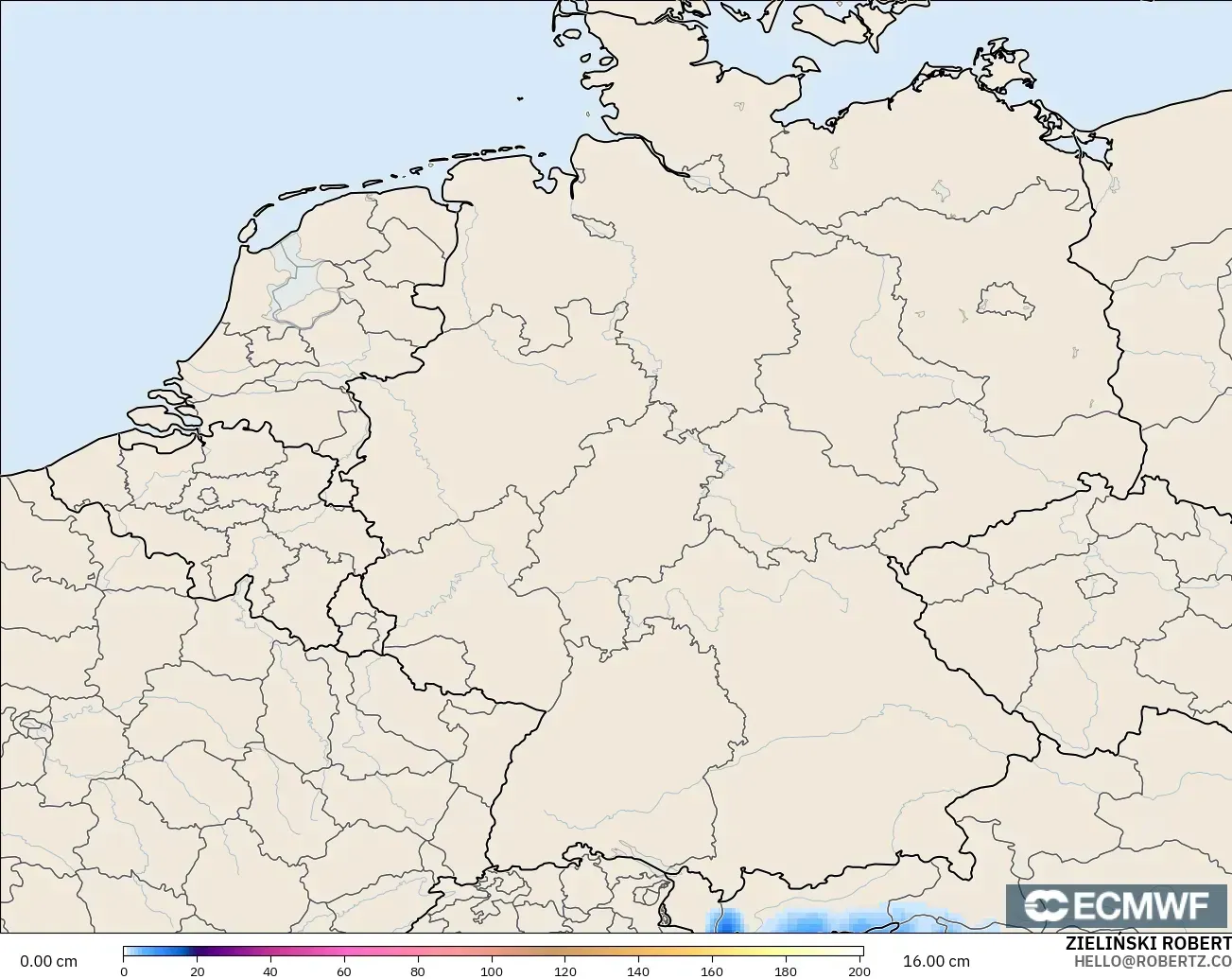ECMWF IFS 0.25° modelo - Alemania, Profundidad de nieve