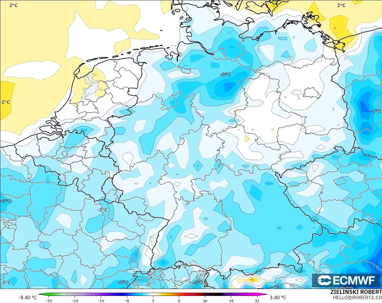 ECMWF IFS 0.25° modelo - Alemania, Anomalía de temperatura a 2 m