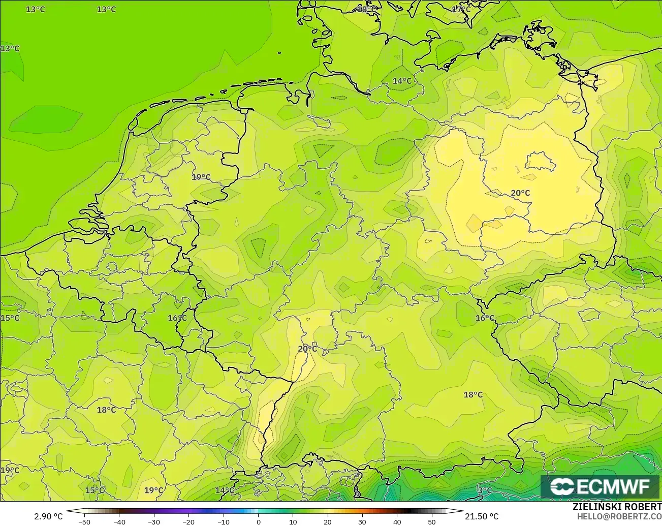 ECMWF IFS 0.25° modelo - Alemania, Temperatura a 2 m