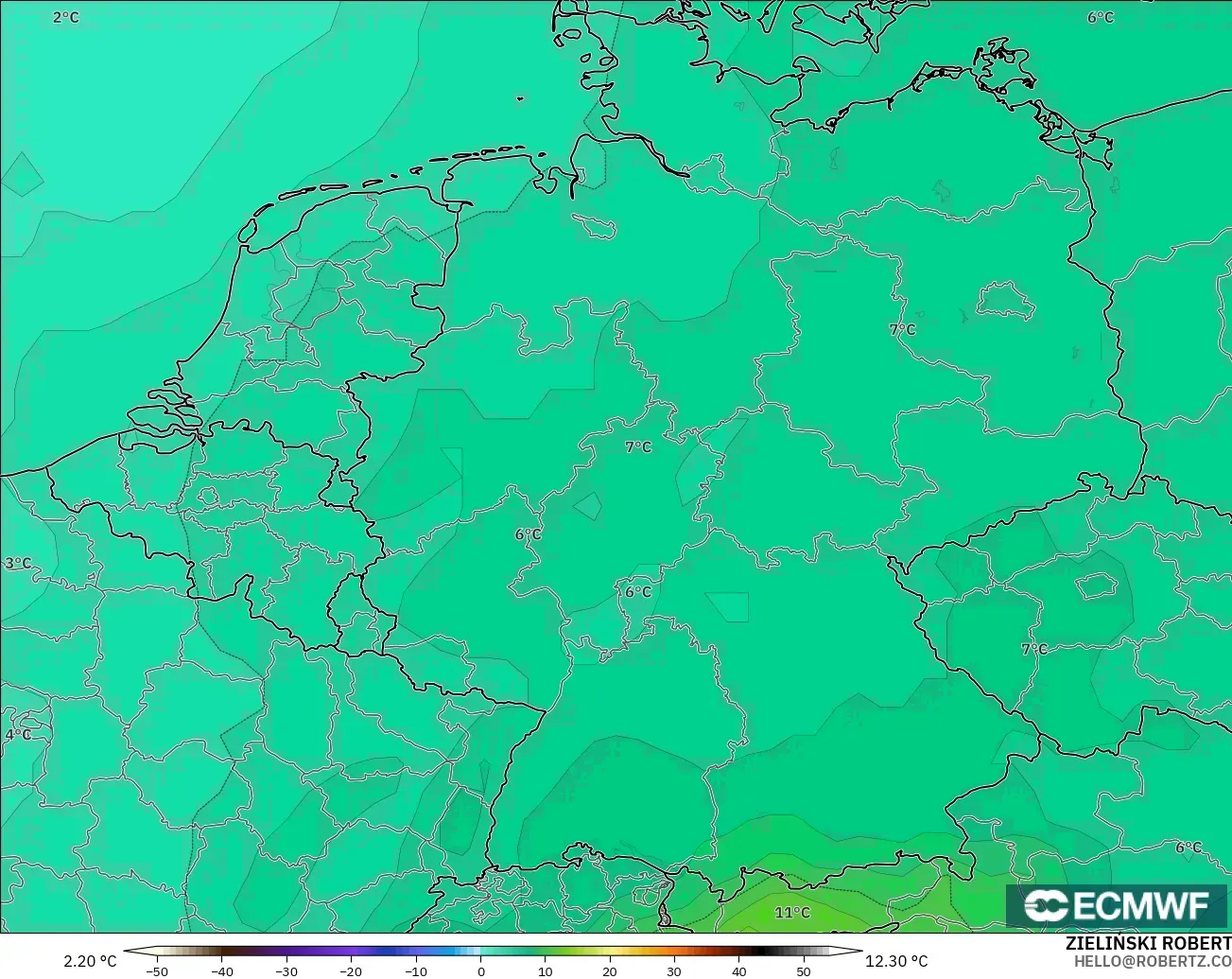 ECMWF IFS 0.25° modelo - Alemania, Temperatura a 850 hPa