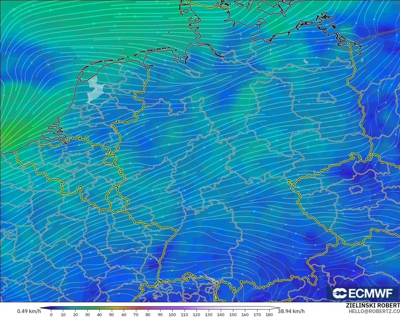 ECMWF IFS 0.25° modelo - Alemania, Viento a 10 m
