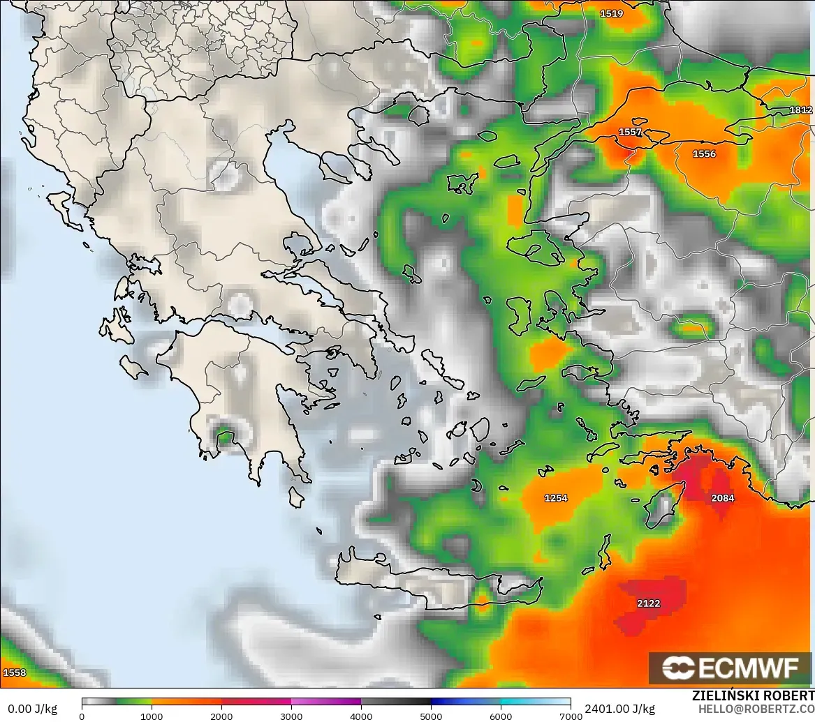 ECMWF IFS 0.25° modelo - Grecia, CAPE