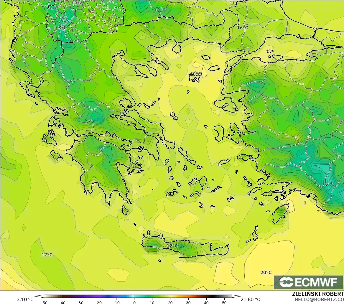 ECMWF IFS 0.25° modelo - Grecia, Punto de rocío a 2 m