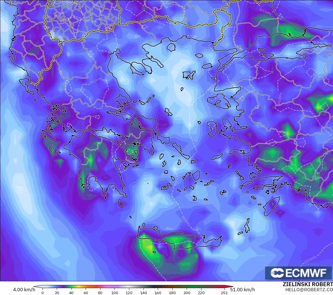 ECMWF IFS 0.25° modelo - Grecia, Ráfagas de Viento Máximas