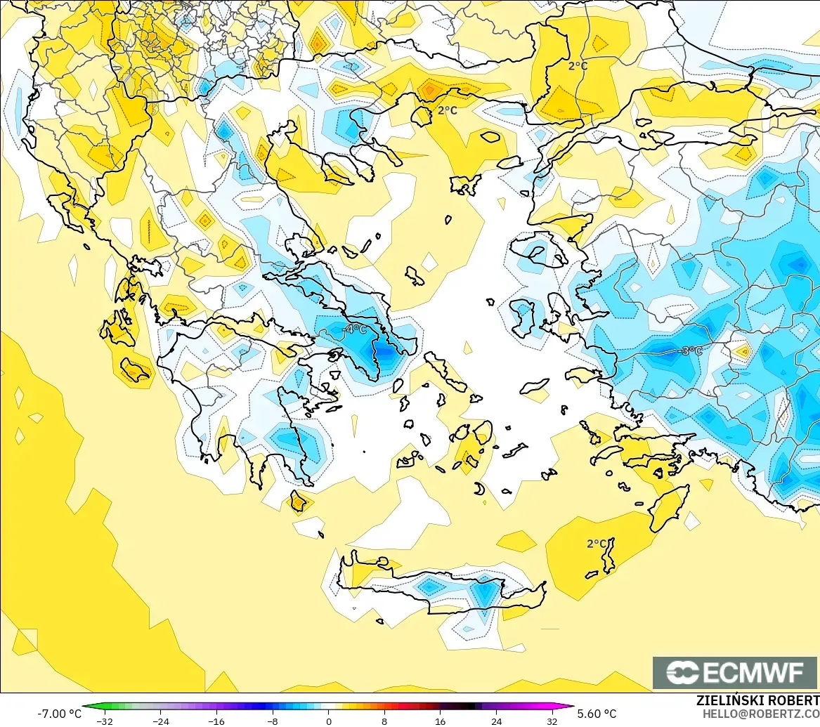 ECMWF IFS 0.25° modelo - Grecia, Anomalía de temperatura a 2 m