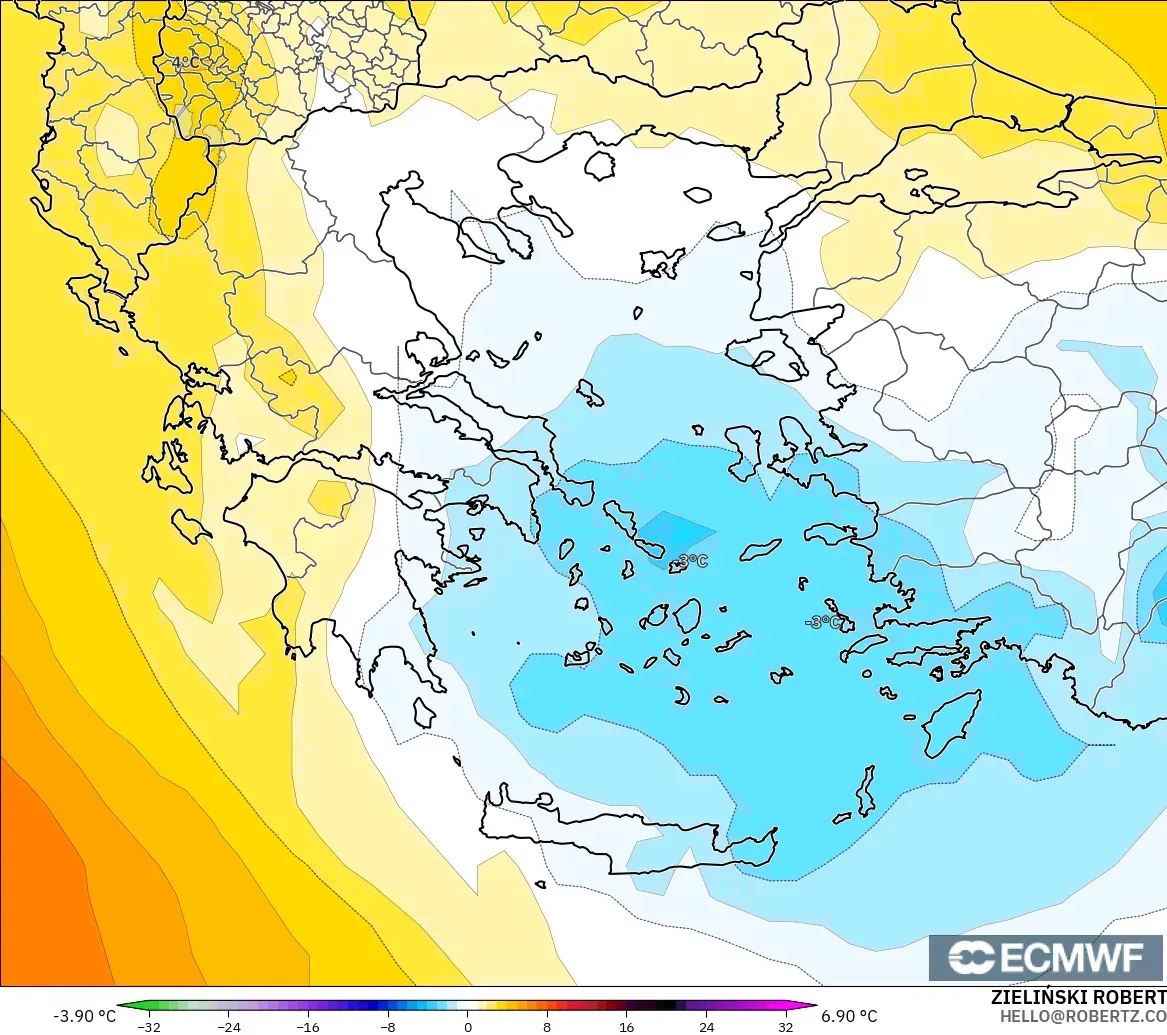 ECMWF IFS 0.25° modelo - Grecia, Anomalía de temperatura a 850 hPa
