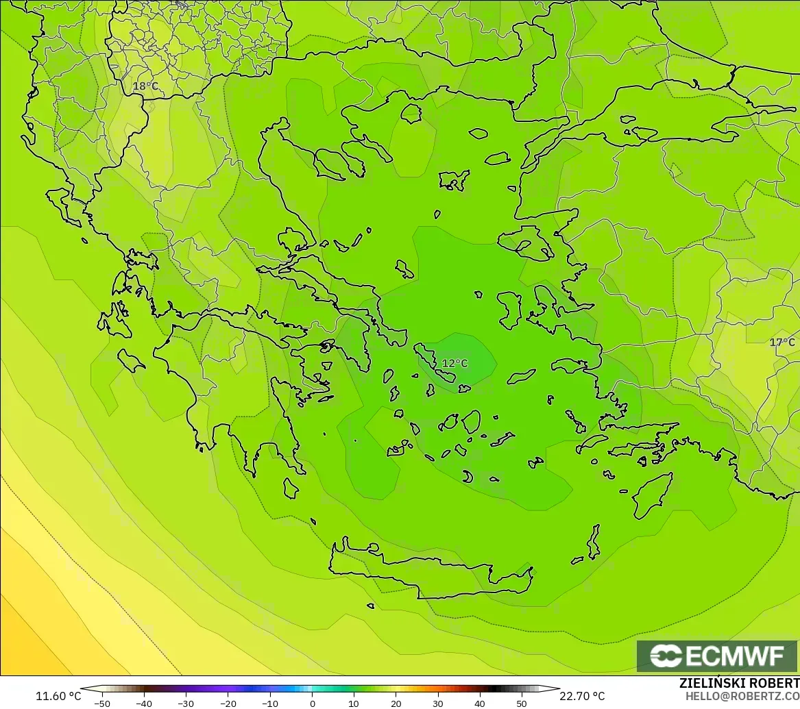 ECMWF IFS 0.25° modelo - Grecia, Temperatura a 850 hPa