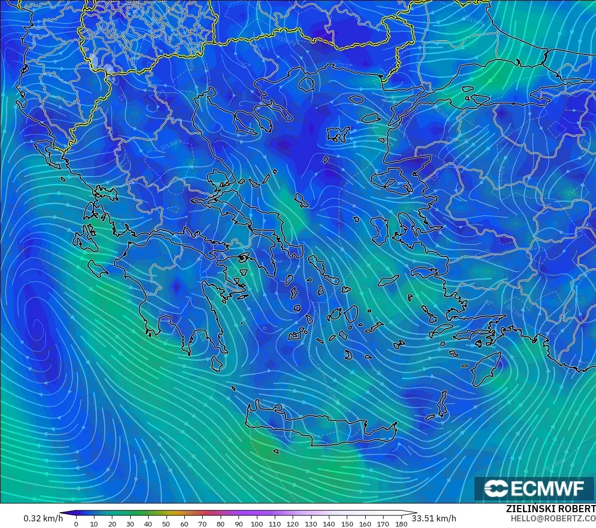 ECMWF IFS 0.25° modelo - Grecia, Viento a 10 m