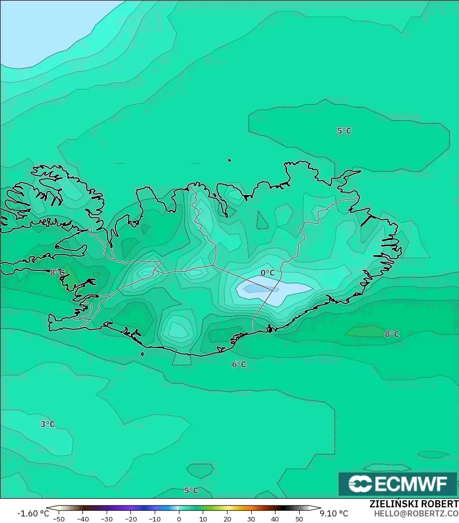 ECMWF IFS 0.25° modelo - Islandia, Punto de rocío a 2 m