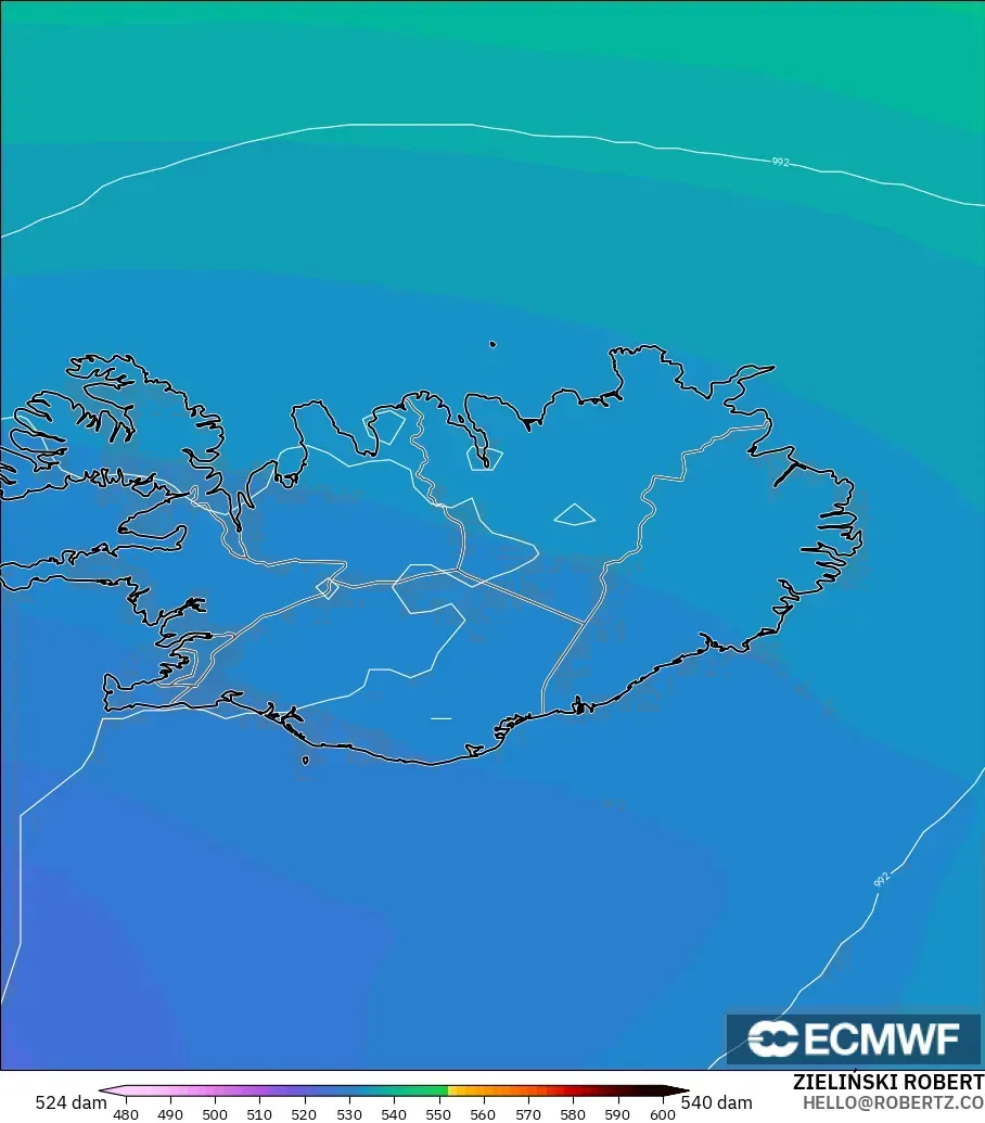 ECMWF IFS 0.25° modelo - Islandia, Altura geopotencial a 500 hPa