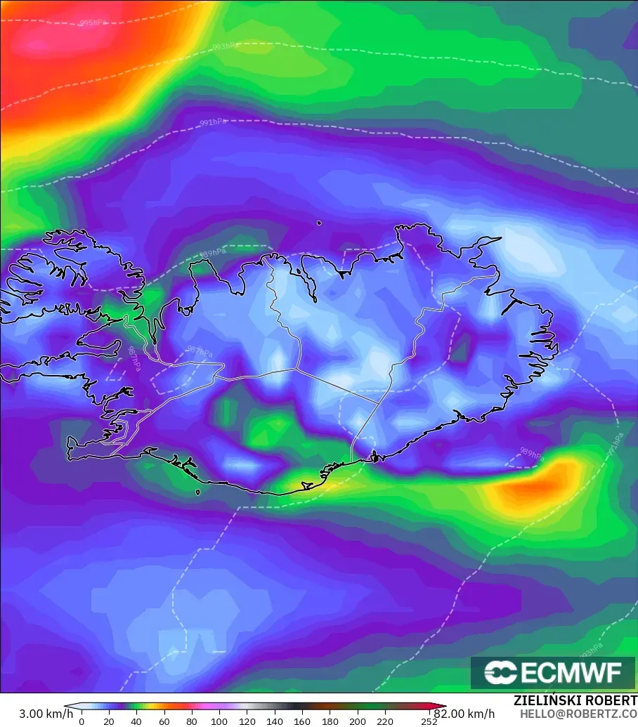 ECMWF IFS 0.25° modelo - Islandia, Ráfagas de viento