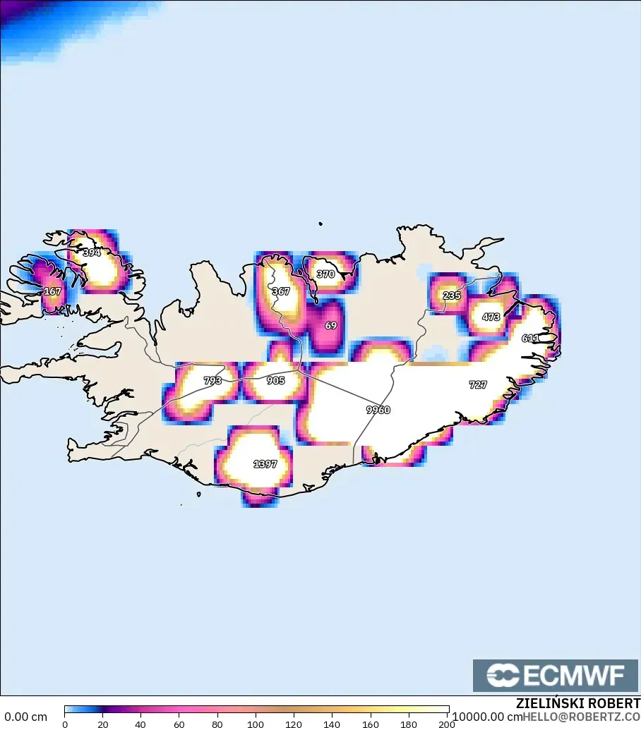 ECMWF IFS 0.25° modelo - Islandia, Profundidad de nieve