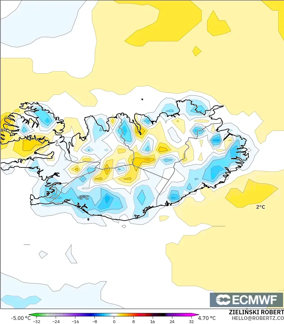 ECMWF IFS 0.25° modelo - Islandia, Anomalía de temperatura a 2 m