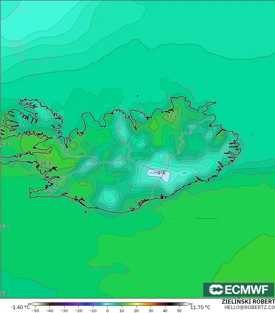 ECMWF IFS 0.25° modelo - Islandia, Temperatura a 2 m