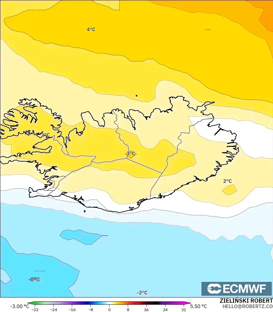 ECMWF IFS 0.25° modelo - Islandia, Anomalía de temperatura a 850 hPa