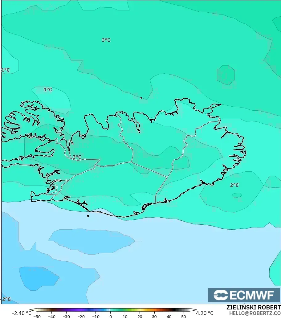 ECMWF IFS 0.25° modelo - Islandia, Temperatura a 850 hPa