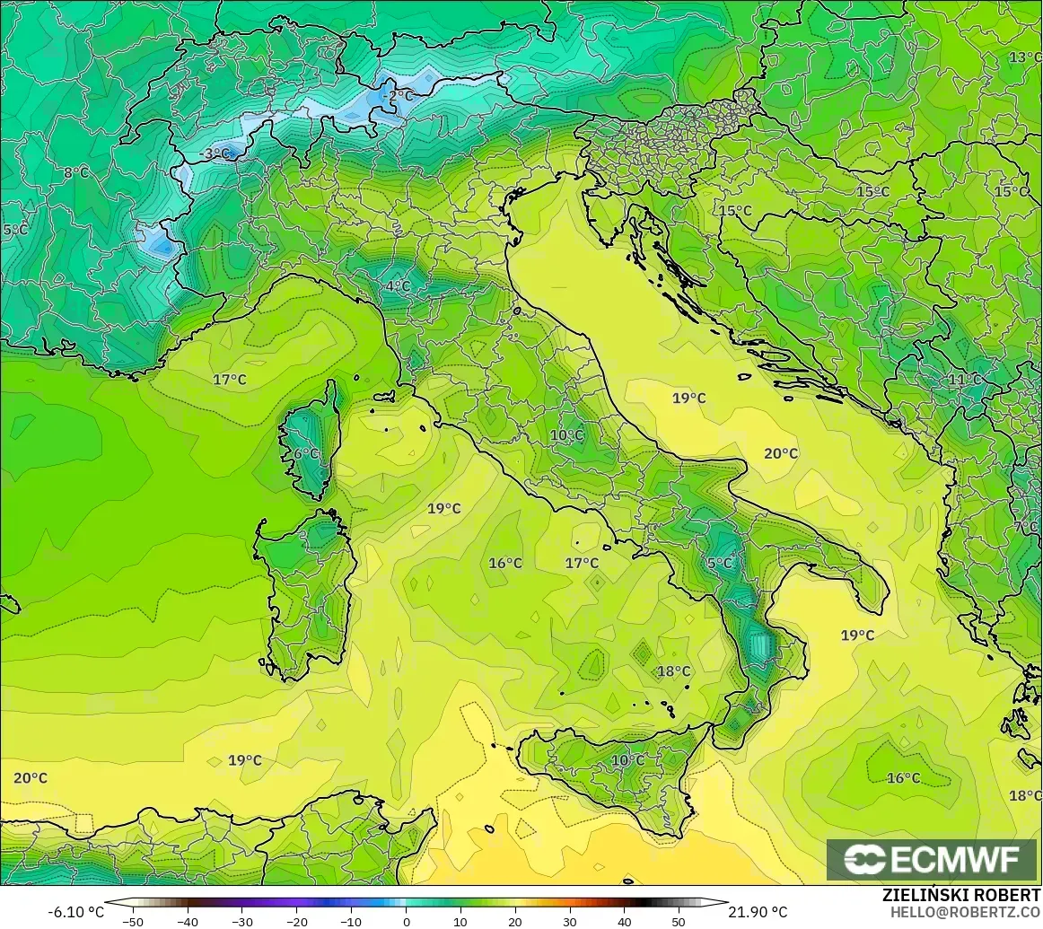 ECMWF IFS 0.25° modelo - Italia, Punto de rocío a 2 m