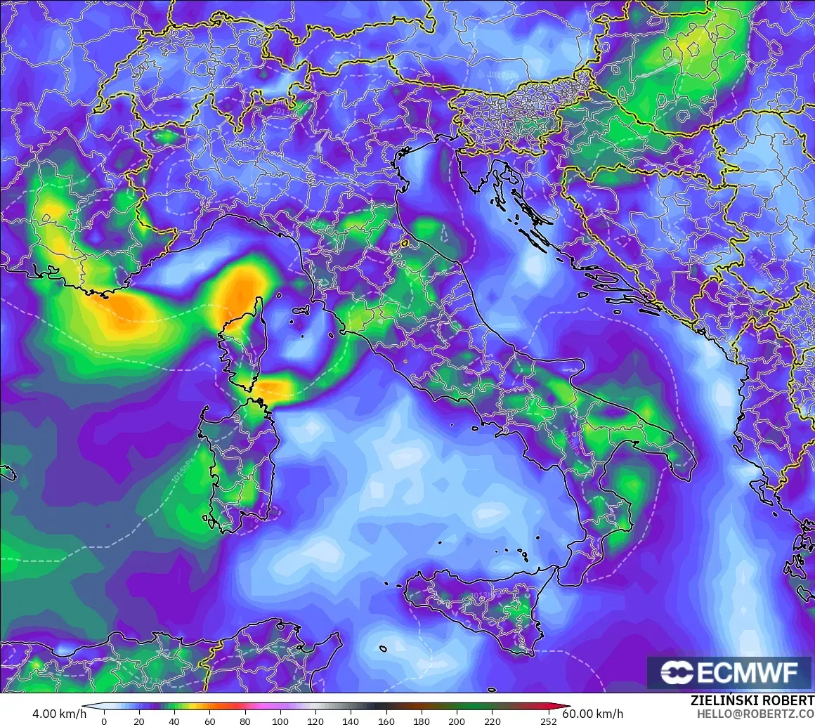 ECMWF IFS 0.25° modelo - Italia, Ráfagas de Viento Máximas