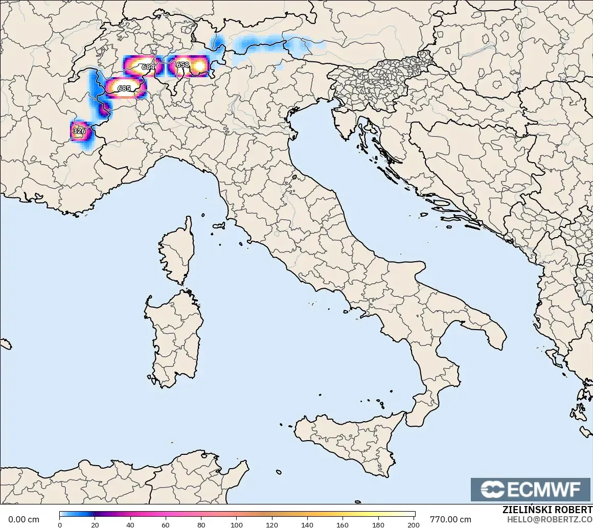 ECMWF IFS 0.25° modelo - Italia, Profundidad de nieve