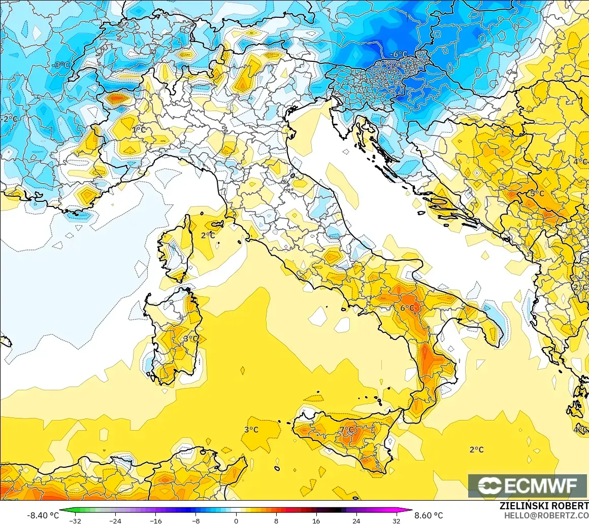 ECMWF IFS 0.25° modelo - Italia, Anomalía de temperatura a 2 m