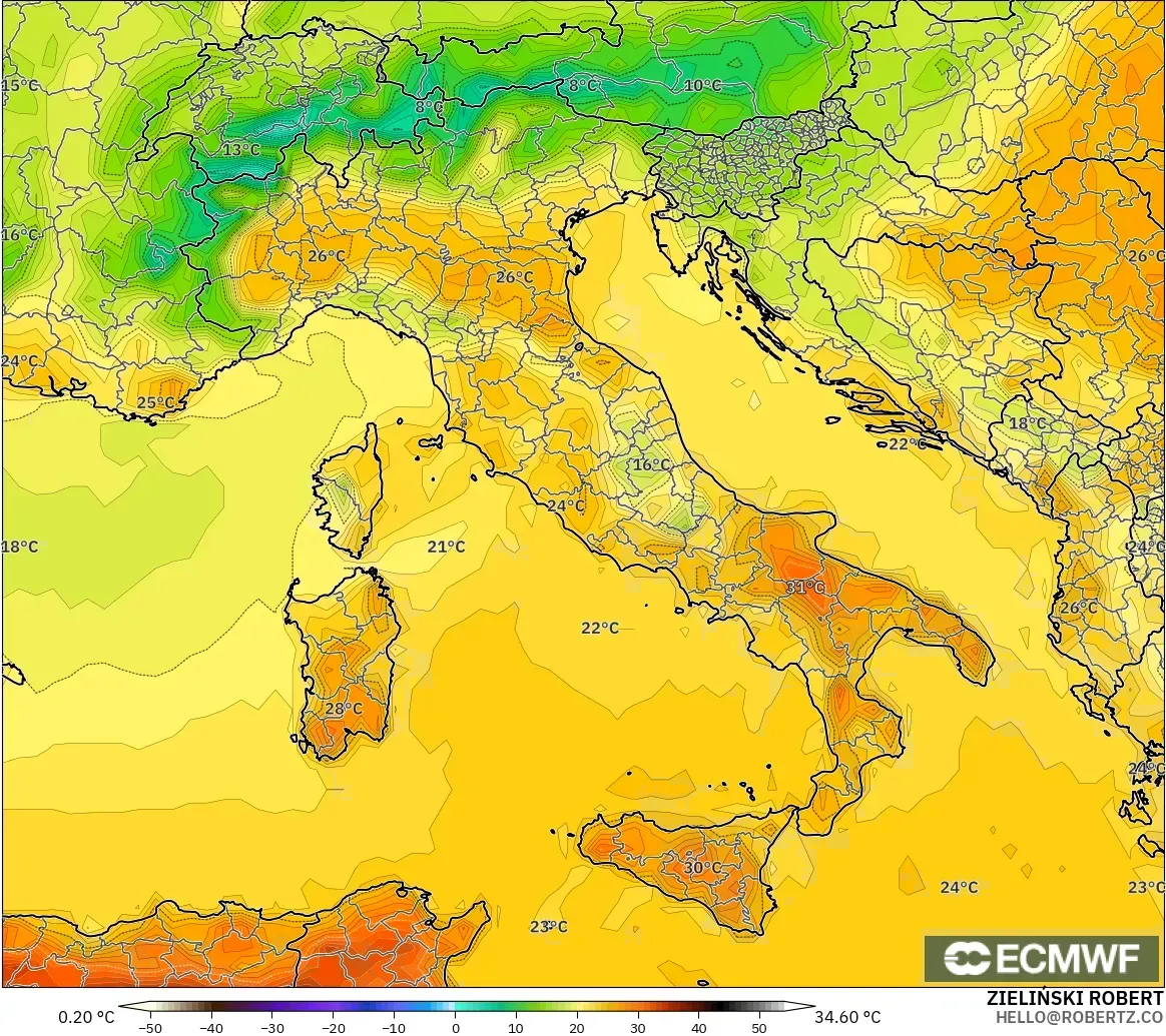 ECMWF IFS 0.25° modelo - Italia, Temperatura a 2 m