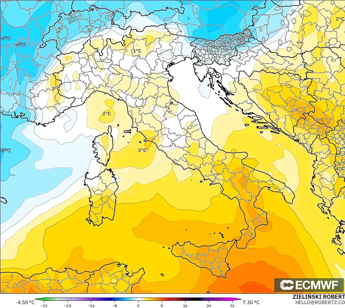 ECMWF IFS 0.25° modelo - Italia, Anomalía de temperatura a 850 hPa