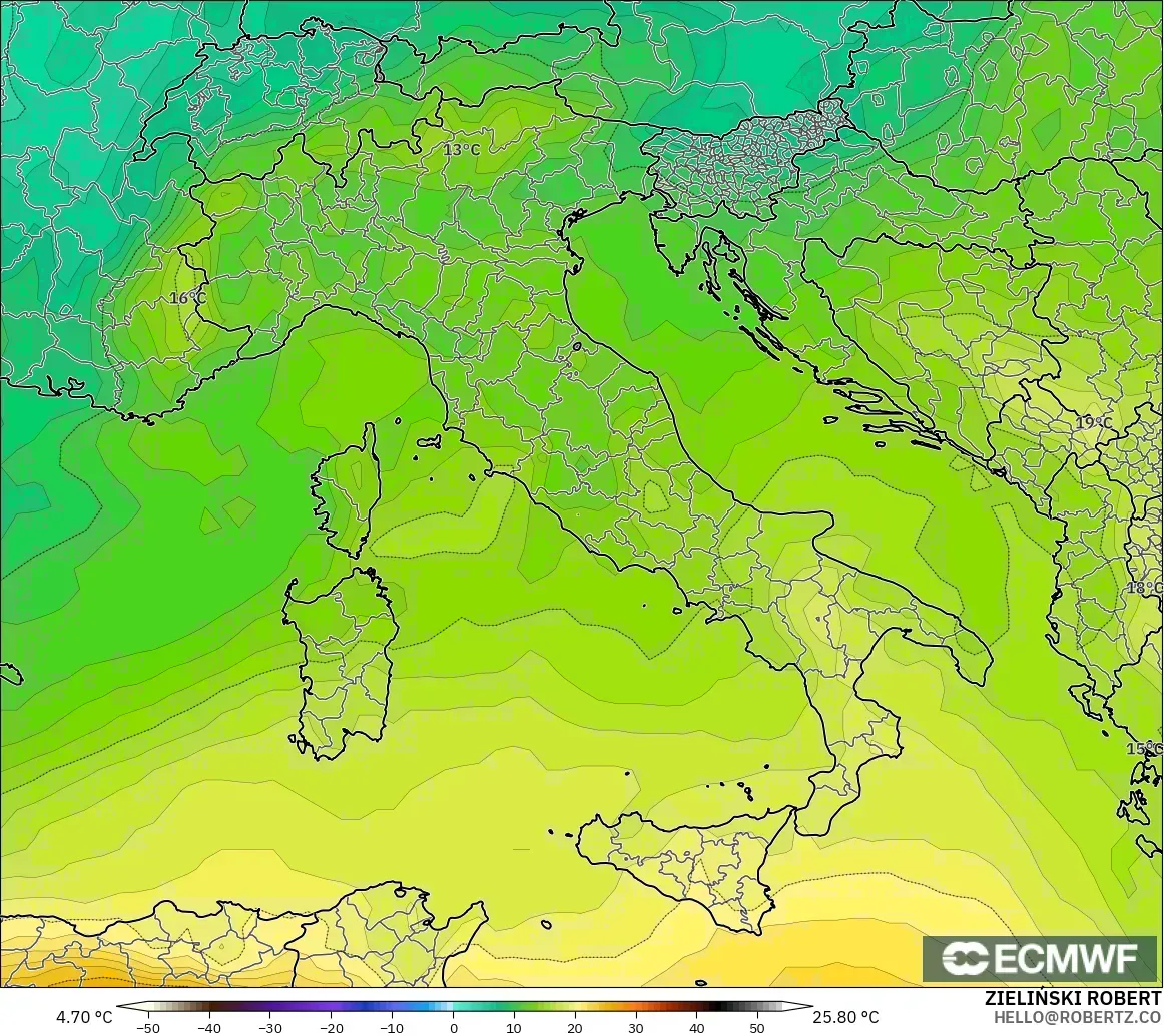 ECMWF IFS 0.25° modelo - Italia, Temperatura a 850 hPa