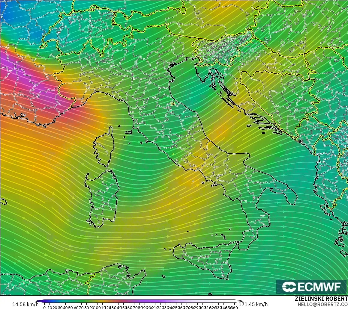ECMWF IFS 0.25° modelo - Italia, Viento a 300 hPa (corriente en chorro)